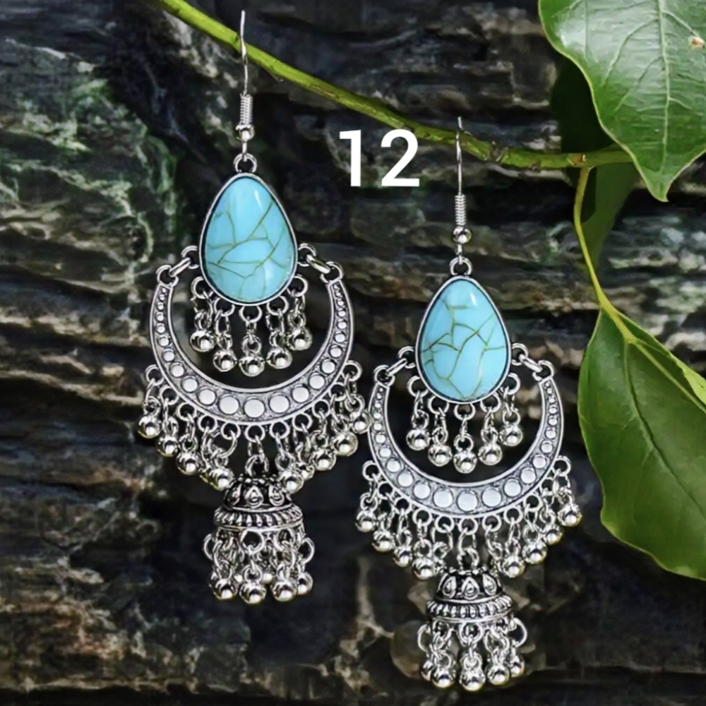 Bohemian Earrings Western Dangle Blue Silver Boho Cowgirl Earrings Rodeo Jewelry